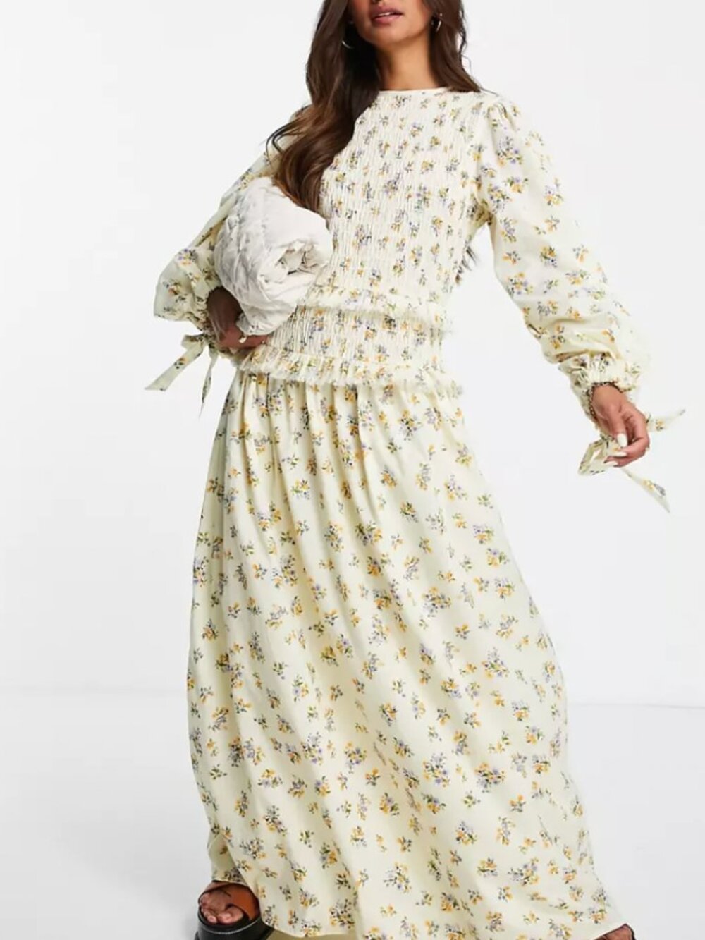 ASOS Design Shirred Bodice Maxi Smock Dress Bow Tie S M